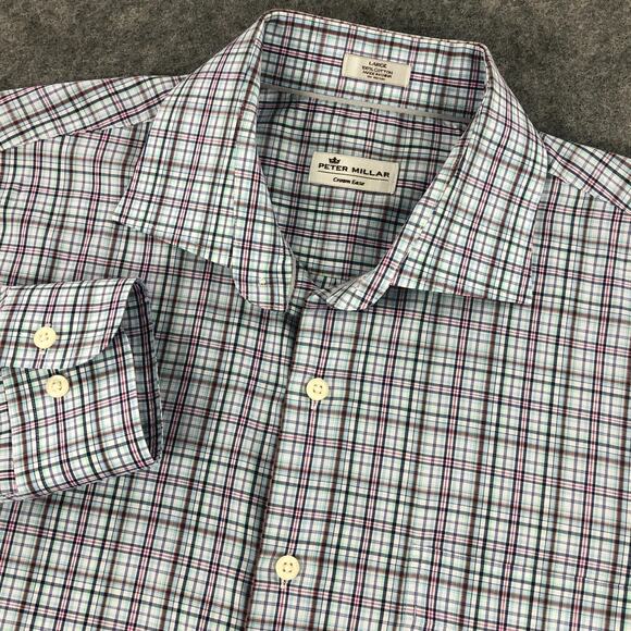 Peter Millar Mens Button Up Shirt Large Blue Pink Plaid Crown Ease Long Sleeve - Picture 1 of 9